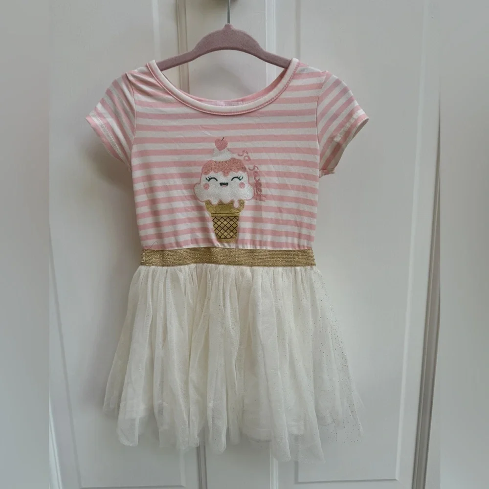 NWOT Young Hearts 12M Pink & White Stripe Ice Cream Tulle Short Sleeve Dress
